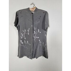 Caroll Womens Shirt Top Size 38 Gray Floral Button Up Short Sleeve Work Y2K